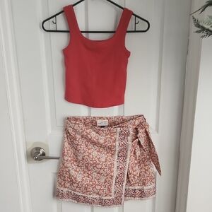 Universal Thread Red Crop Tank with Rust Floral Wrap Skirt